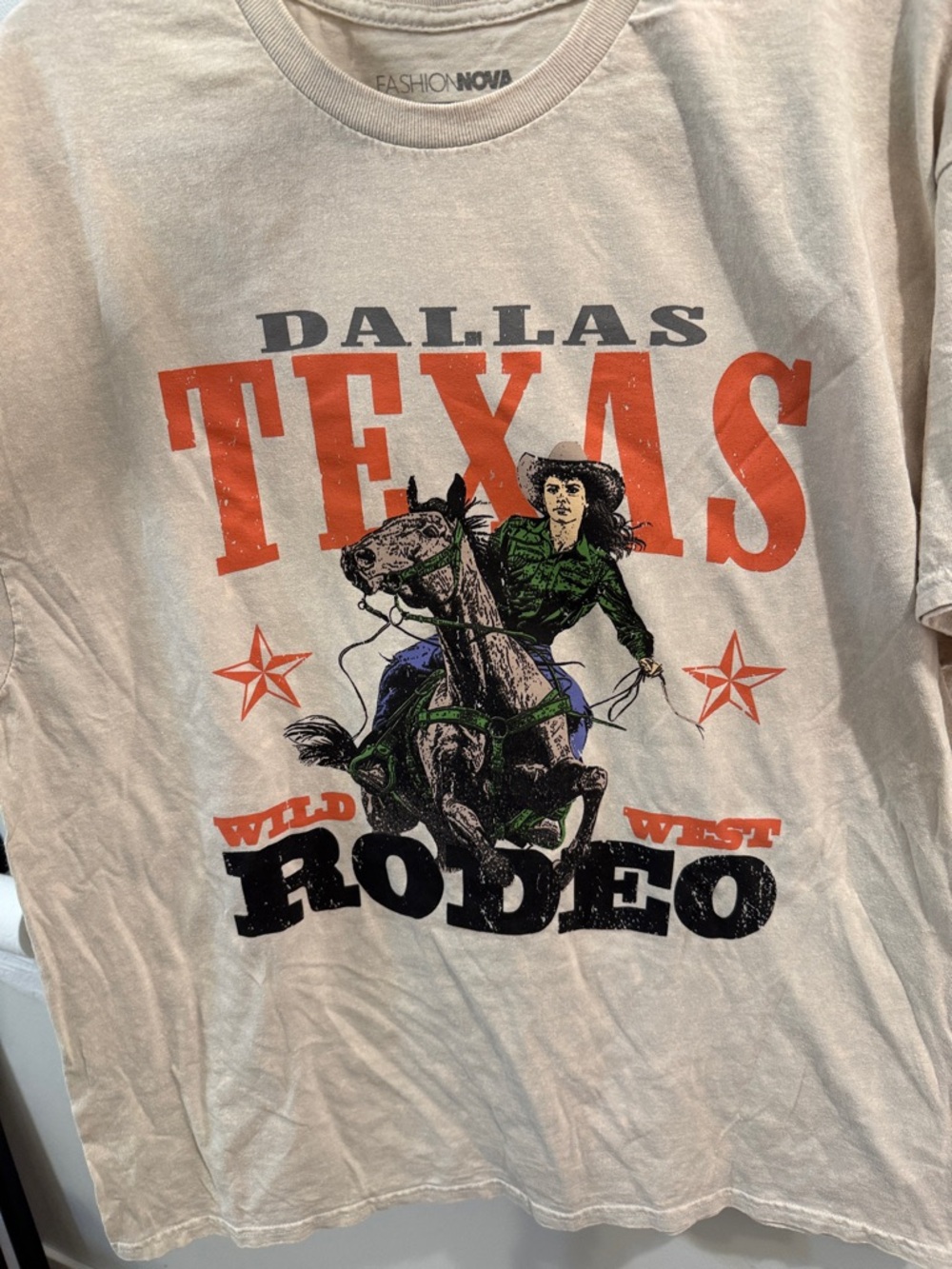 Fashion Nova White Tee with Orange, Black & Green Rodeo Graphic